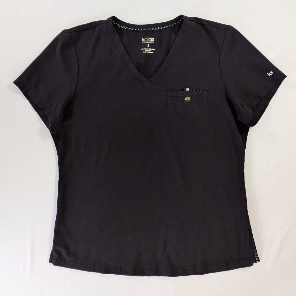 Koi Next Gen Womens Black V-Neck Scrub Top S Short Sleeve Chest Pocket Medical